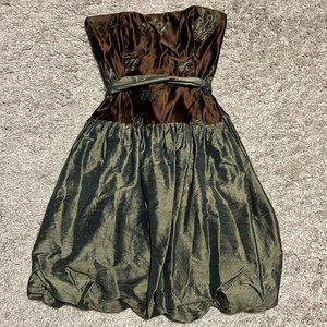 Molly B 100% Silk Brown Green Peacock Feather Strapless Cocktail Dress sz 6